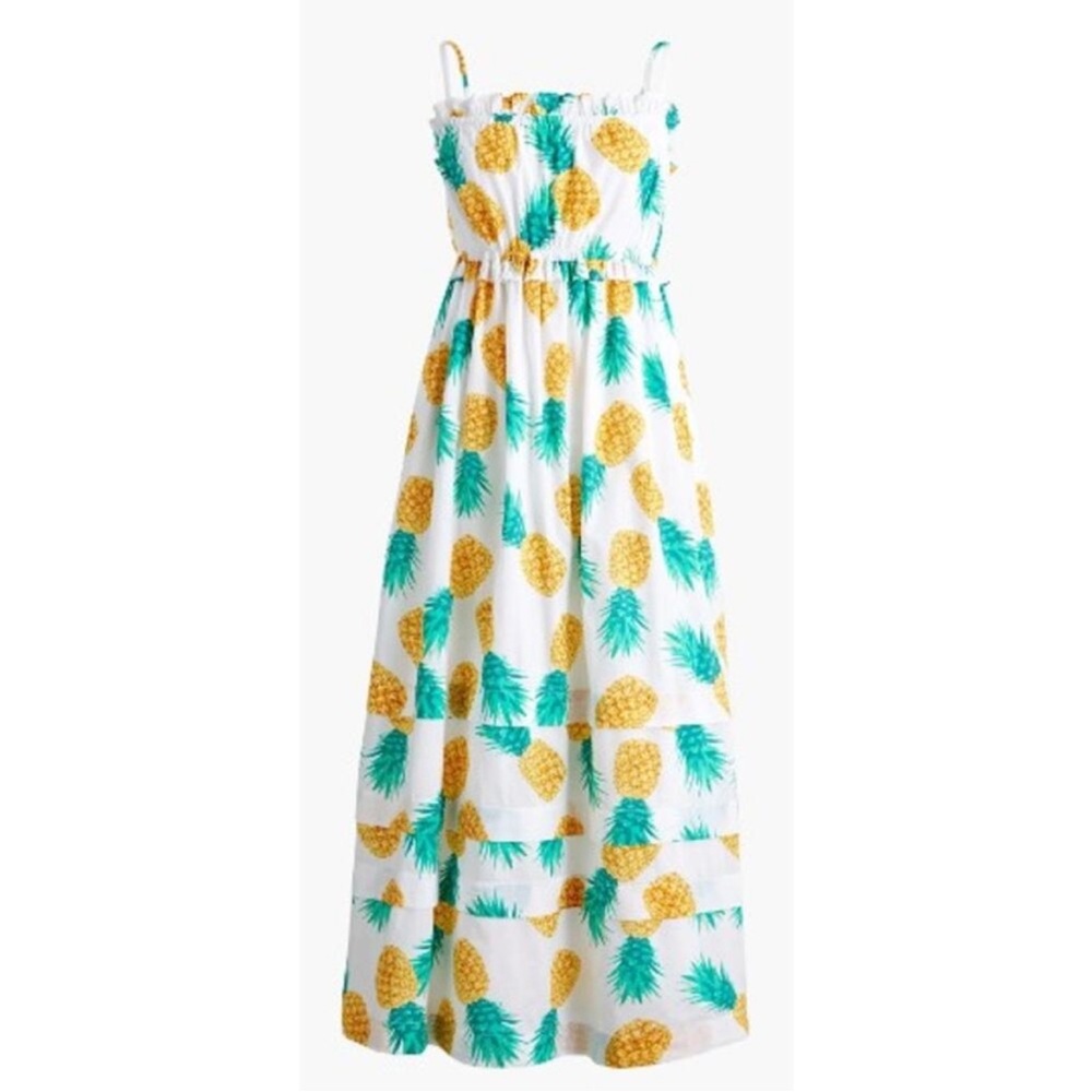J. Crew White Maxi Dress with Yellow Pineapple and Green Leaf Print